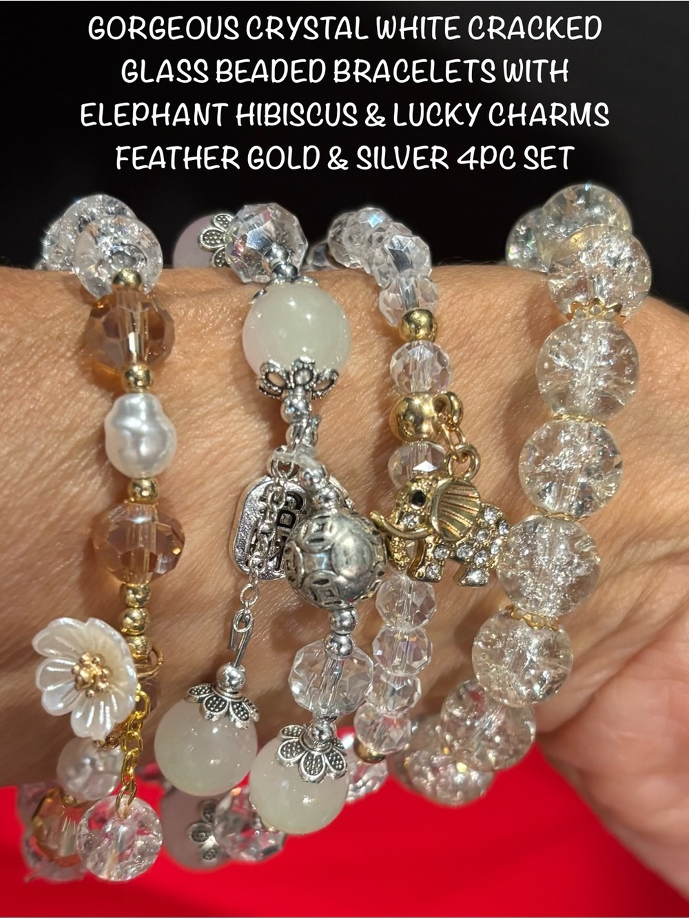 Crystal White & Cracked Beaded Bracelet Set with Gold Elephant & Silver Charms